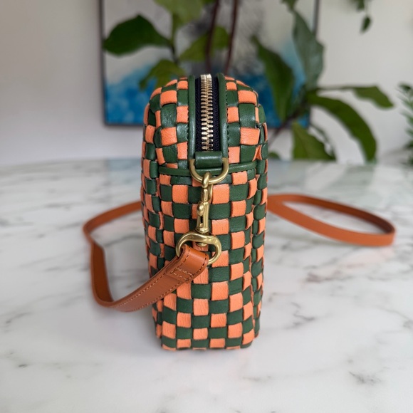 Clare V Midi Sac Safari Green & Coral Orange Woven Leather Checker Crossbody Bag - Picture 4 of 16